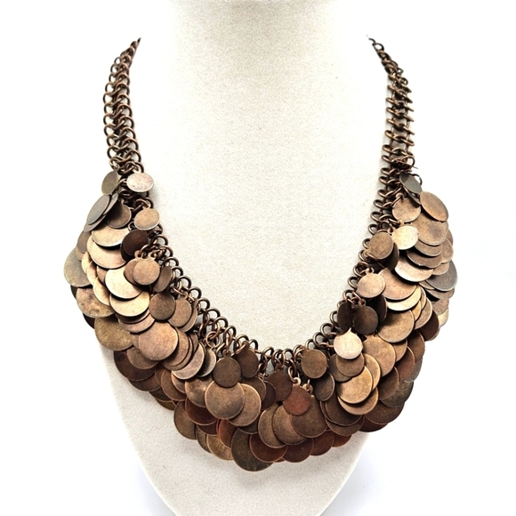 VINTAGE Bronze Tone Metal Disk Chainmail Statement Necklace - Picture 1 of 8